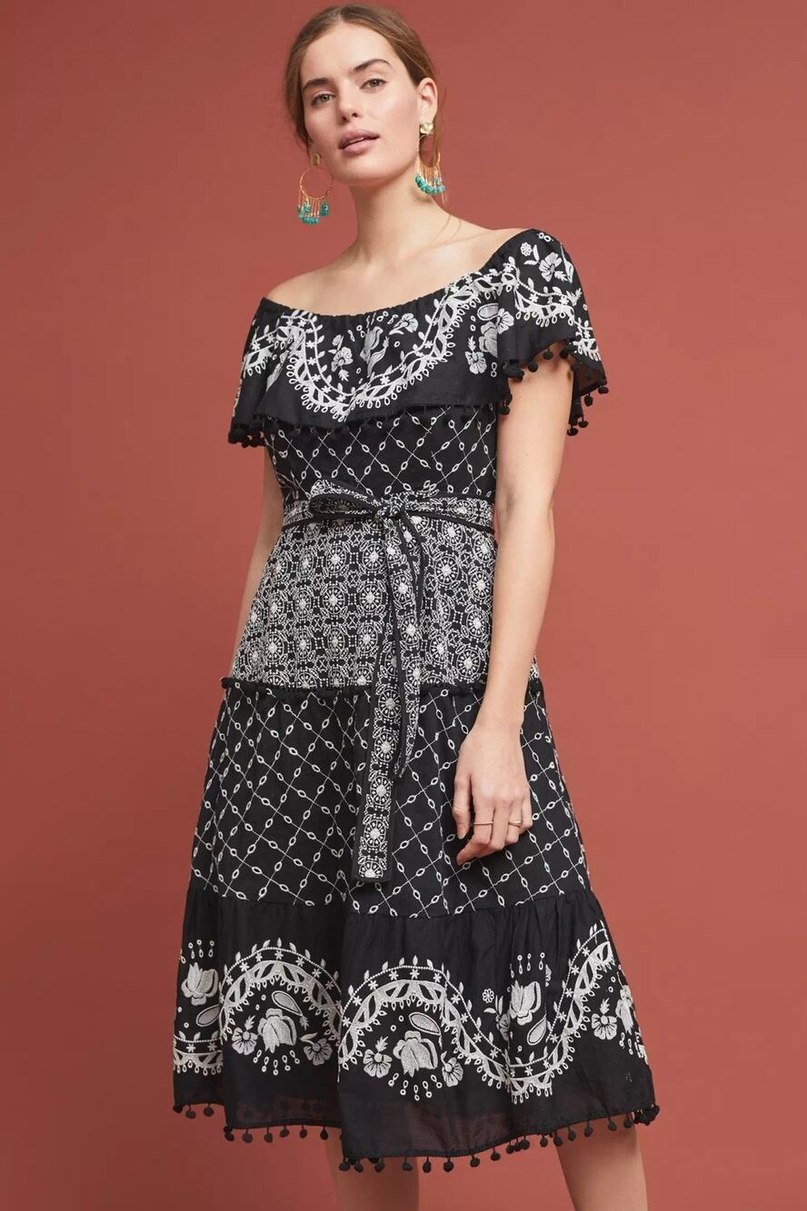 Anthropologie Marisol Off Shoulder Black White Cotton Midi Dress 0 Embroidered
